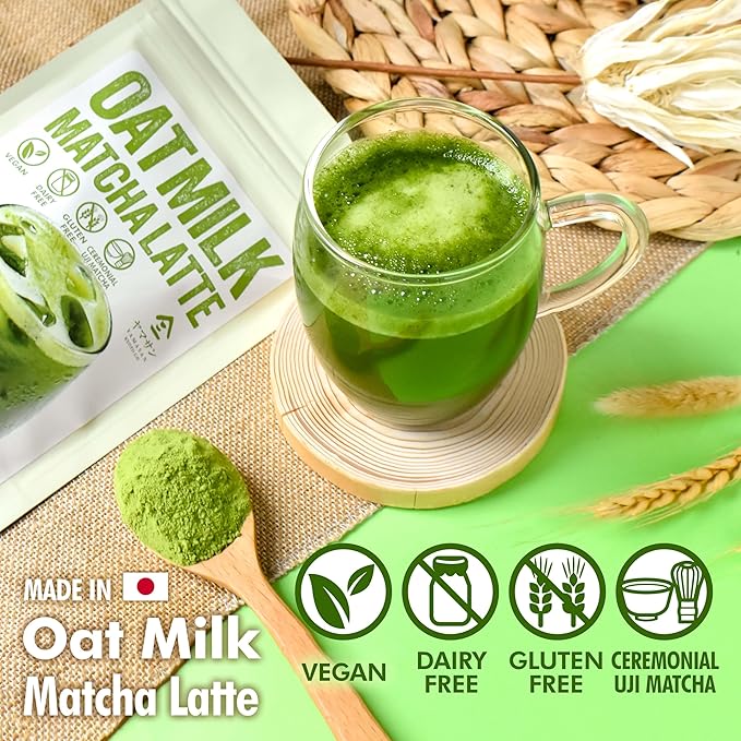 YAMASAN KYOTO UJI Japanese Oat Milk Matcha Latte, Uji Matcha Ceremonial Grade with Oat Milk Instant Latte Mix, Dairy-Free, 100% Plant Based, Vegan, Gluten-Free, No Refined Sugar, Made in Japan 3.5OZ(100g)