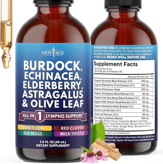 NEW AGE Lymphatic Drainage Supplement - Burdock Lymphatic Support Drops - Burdock Root, Mullein, Echinacea, Elderberry, Dandelion, Astragalus, Milk Thistle, Red Clover - 2 oz