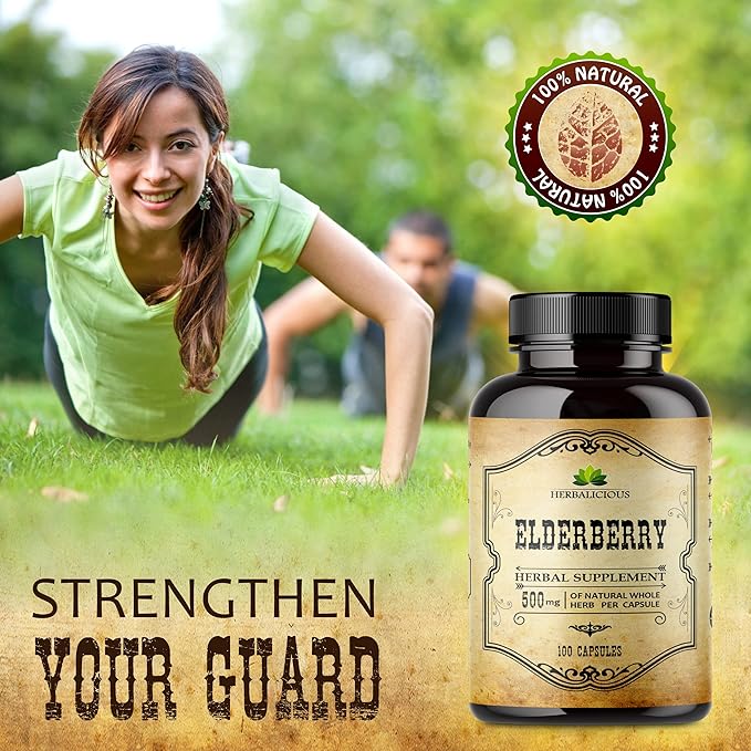 Elderberry Capsules – Natural Black Elderberry Herbal Supplement – Immune Boosters for Adults, Digestive Support, Antioxidants & Vitamin C – Fiber-Rich, Non-GMO – 100 Capsules for Men & Women