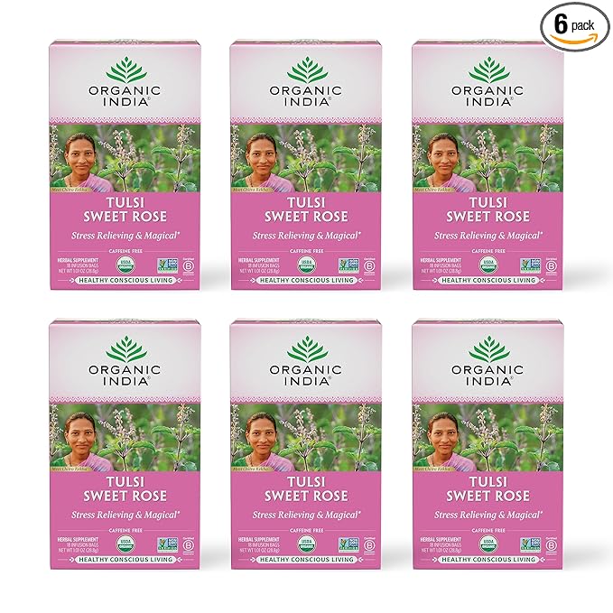 Organic India Tulsi Sweet Rose Herbal Tea - Stress Relieving & Magical, Immune Support, Adaptogen, Vegan, Gluten-Free, USDA Certified Organic, Non-GMO, Caffeine-Free - 18 Infusion Bags, 6 Pack