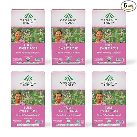 Organic India Tulsi Sweet Rose Herbal Tea - Stress Relieving & Magical, Immune Support, Adaptogen, Vegan, Gluten-Free, USDA Certified Organic, Non-GMO, Caffeine-Free - 18 Infusion Bags, 6 Pack
