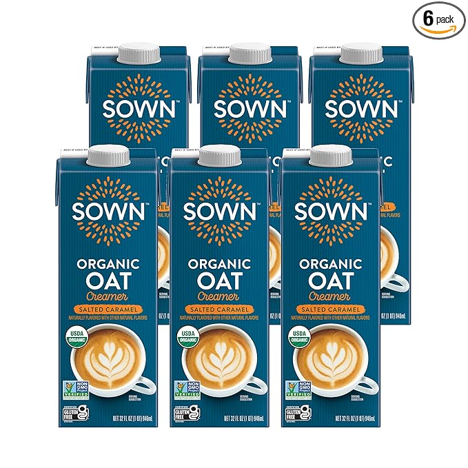 SOWN Organic Oat Creamer Salted Caramel - Barista Oat Milk Non Dairy Coffee Creamer - Plant Based, Dairy-Free, Vegan, Gluten-Free, Non-GMO, Shelf Stable - 32oz (Pack of 6)