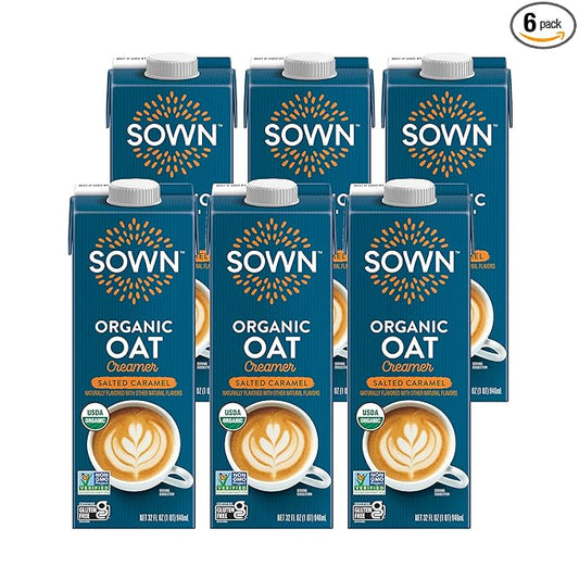 SOWN Organic Oat Creamer Salted Caramel - Barista Oat Milk Non Dairy Coffee Creamer - Plant Based, Dairy-Free, Vegan, Gluten-Free, Non-GMO, Shelf Stable - 32oz (Pack of 6)
