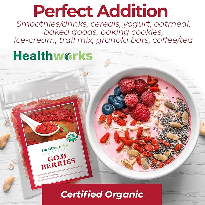 Healthworks Organic Dried Goji Berries - 32oz / 2lb - 1 Pack - Vegan and Non-GMO Certified Organic Raw Sun-Dried Goji Berries