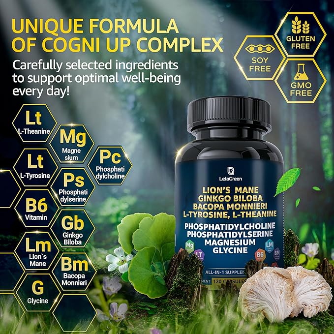 Organic Lions Mane Supplement Capsules - 240 Real Mushrooms Lion's Mane Capsules with Ginkgo Biloba Herb, Bacopa Monnieri, L Theanine, L Tyrosine - Mushroom Complex for Daily Wellness