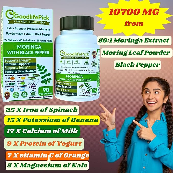 Premium Moringa Capsules with Black Pepper. Moringa Oleifera Powder & 50:1 Moringa Extract for Maximum Benefits 90ct All Natural NonGMO No Rice Powder No Stearate No Silicon Vegan