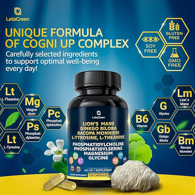 Organic Lions Mane Supplement Capsules - 120 Real Mushrooms Lion's Mane Capsules with Ginkgo Biloba Herb, Bacopa Monnieri, L Theanine, L Tyrosine - Mushroom Complex for Daily Wellness