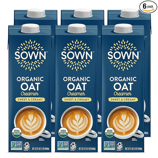 SOWN Organic Oat Creamer Sweet & Creamy - Barista Oat Milk Non Dairy Coffee Creamer - Plant Based, Dairy-Free, Vegan, Gluten-Free, Non-GMO, Shelf Stable - 32oz (Pack of 6)