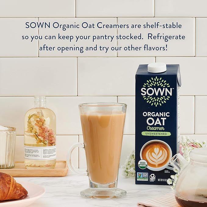 SOWN Organic Oat Creamer Unsweetened - Barista Oat Milk Non Dairy Coffee Creamer - Plant Based, Dairy-Free, Vegan, 0g Added Sugar, Gluten-Free, Non-GMO, Shelf Stable - 32oz (Pack of 6)