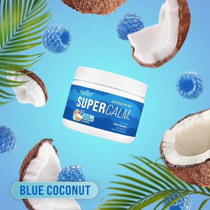 Supercalm Powdered Drink Mix, Blue Coconut, L Theanine, Ksm-66 Ashwagandha, Magnesium Glycinate, Vitamin D 3, Supplements for Relaxation & Focus, No Sugar, Non GMO, On The Go, 30 Srvgs