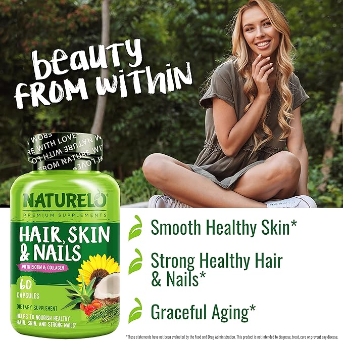 NATURELO Hair, Skin and Nails Multivitamin - 5000 mcg Biotin, Collagen, Natural Vitamin E - Supplement for Healthy Skin, Hair Growth for Women and Men – 60 Capsules