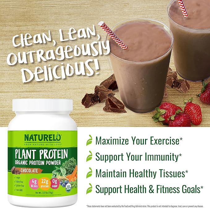 NATURELO Plant Protein Powder, Chocolate, 22g Protein - Non-GMO, Vegan, No Gluten, Dairy, or Soy - No Artificial Flavors, Synthetic Coloring, Preservatives, or Additives - 20 Servings