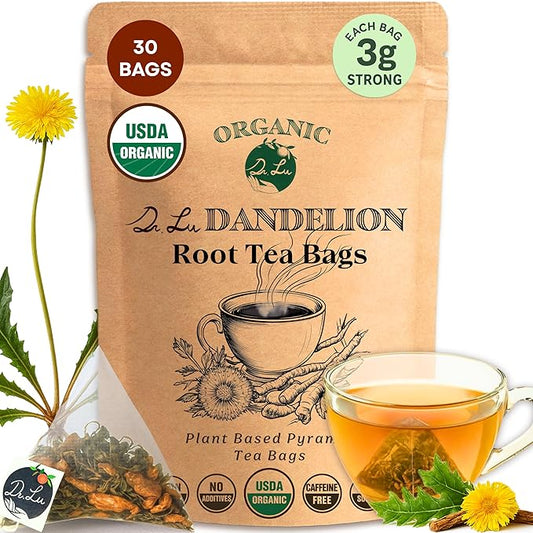 Dr. Lu’s Organic Dandelion Root & Leaf Tea | Wild-Harvested in Eastern Europe | 100% Natural Liver & Detox Support | 30 x 3g High-Intensity Brew Corn Fiber Pyramid Bags (No Plastic, No Nylon)