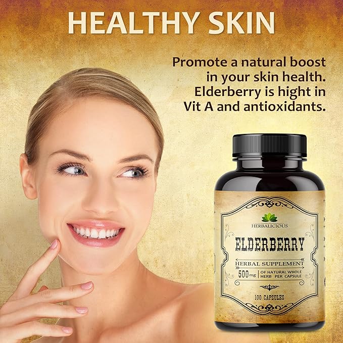 Elderberry Capsules – Natural Black Elderberry Herbal Supplement – Immune Boosters for Adults, Digestive Support, Antioxidants & Vitamin C – Fiber-Rich, Non-GMO – 100 Capsules for Men & Women
