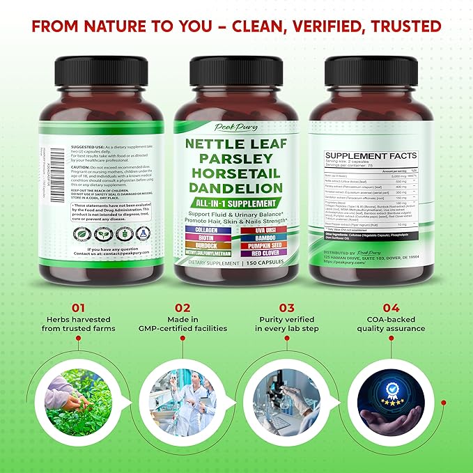 Premium All-in-1 Nettle Leaf, Parsley, Horsetail & Dandelion – Supports Urinary Balance & Hair, Skin, Nail Strength – Made in The USA – 150 Capsules