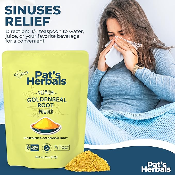 Pat's Herbals Goldenseal Root Powder - 2oz, USA Grown, Non-GMO | Pure Bright Yellow Root Powder