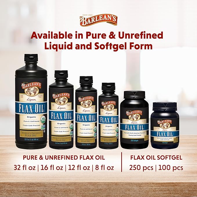 Barlean's Organic Lignan Flaxseed Oil Liquid Supplement from Cold Pressed Flax Seeds, 7,230 mg ALA Omega-3 Fatty Acids for Skin and Hair Care, Vegan & Gluten Free, 8 oz