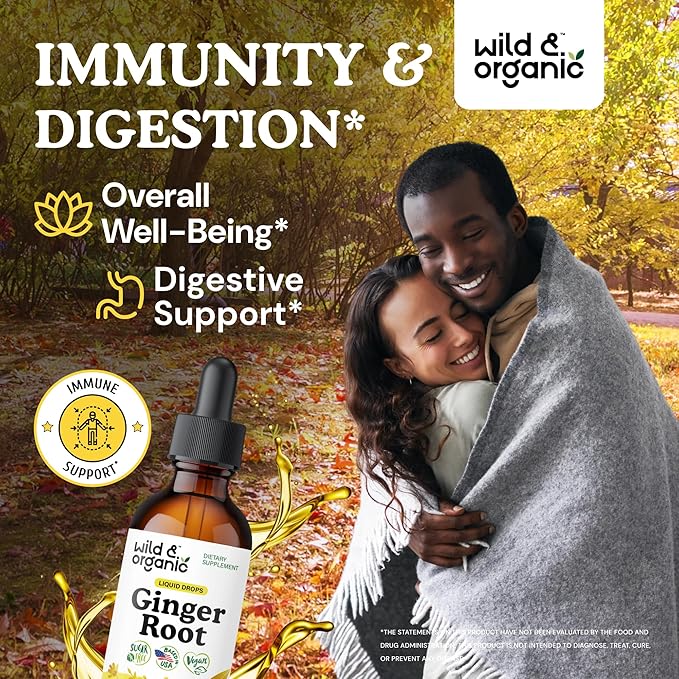 Wild & Organic Ginger Extract Liquid Drops - Immune & Digestive Support - Liquid Ginger Root Supplement - Vegan, Sugar & Alcohol-Free Tincture - 2 fl oz