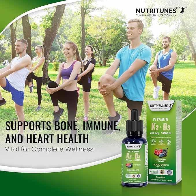 K2 D3 Liquid Drops–Vitamin D3 10,000 IU & Vitamin K2 200 mcg – High-Potency Supplement for Bone, Immune, and Heart Health – Mixed Berry Flavor, Non-GMO, Easy-to-Use – 30 Servings (2oz)