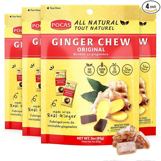 Pocas Original Ginger Chews - Sweet and Zesty Ginger Chew, Individually Wrapped Low-Calorie Snacks, Ginger Candy Made with Pure Cane Sugar, 3 Oz Ea (Pack of 4)