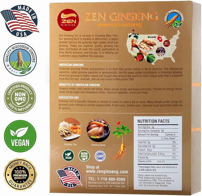 Premium Quality of Extra Large Round - American Wisconsin Ginseng Root (4oz/Box) Boosts Energy, Performance & Mental Health for Men & Women. ZenGinseng USA