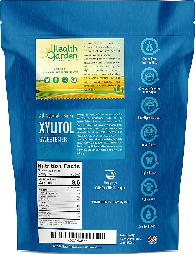 Health Garden Birch Xylitol Sweetener - 2.5 LB Resealable Bag - Pure Birch Xylitol - Non GMO, Kosher, and Made in the U.S.A. - Ideal Powdered Sugar Substitute - Non-GMO Sugar Alternative
