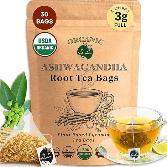Dr. Lu Organic Turmeric Ginger Cinnamon Tea | Tropical Wild Roots & Bark from South Asia | 100% Natural Digestive & Warming Support | 30 x 3g Potent Root Blend Corn Fiber Pyramid Bags (No Plastic, No Nylon) (30 Count (Pack of 1), Ashwagandha)