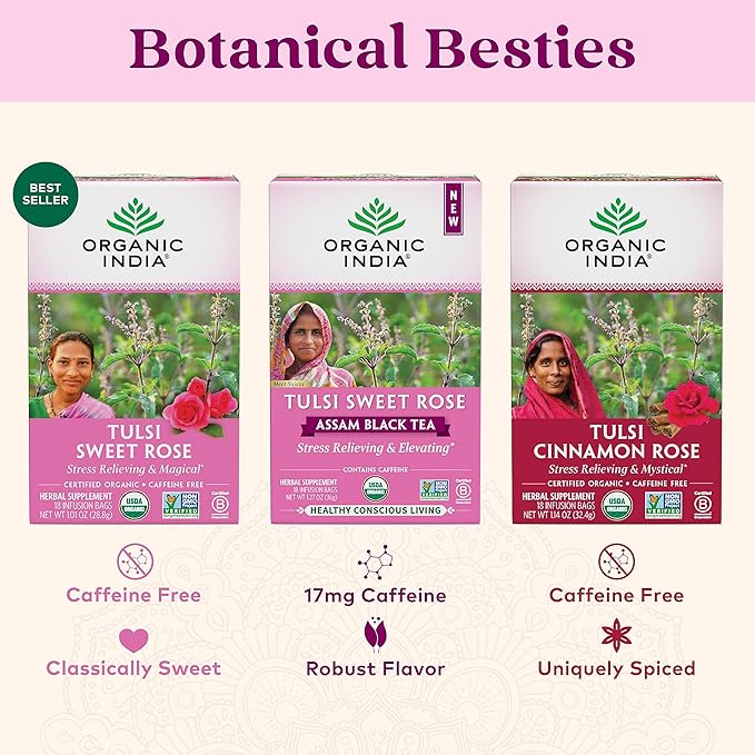 Organic India Tulsi Sweet Rose Assam Black Tea - Stress Relieving & Elevating, 17mg of Caffeine Per Cup, With Ayurvedic Herbs, Vegan, USDA Organic, Non-GMO - 18 Rose Tea Bags (Pack of 3)