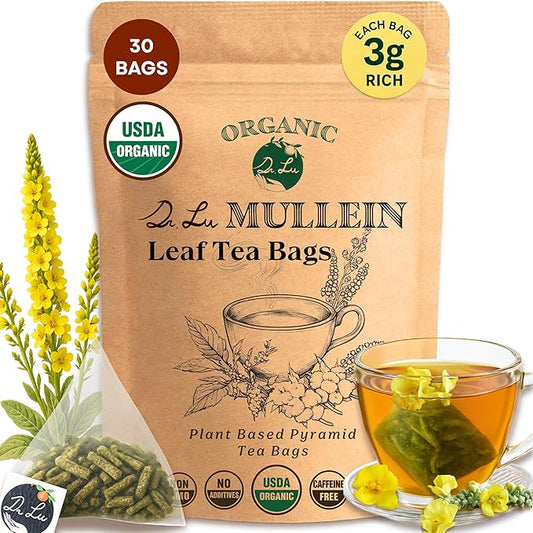 Dr. Lu’s Organic Mullein Leaf Tea | High-Altitude Grown in the Rocky Mountains | Pure Botanical Respiratory Support | 30 x 3g Premium Fill Corn Fiber Pyramid Bags (No Plastic, No Nylon)