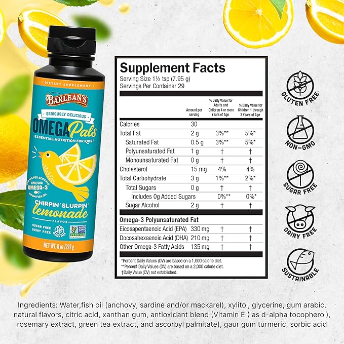 Barlean's Omega 3 Fish Oil Liquid Supplement for Kids, Chirpin' Slurpin' Lemonade, 540 mg of EPA and DHA Fatty Acid, 8 oz