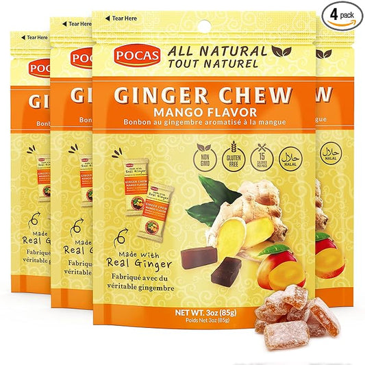 Pocas Mango Ginger Chews - Sweet and Zesty Ginger Chew, Individually Wrapped Low-Calorie Snacks, Ginger Candy Made with Pure Cane Sugar, 3 Oz Ea (Pack of 4)