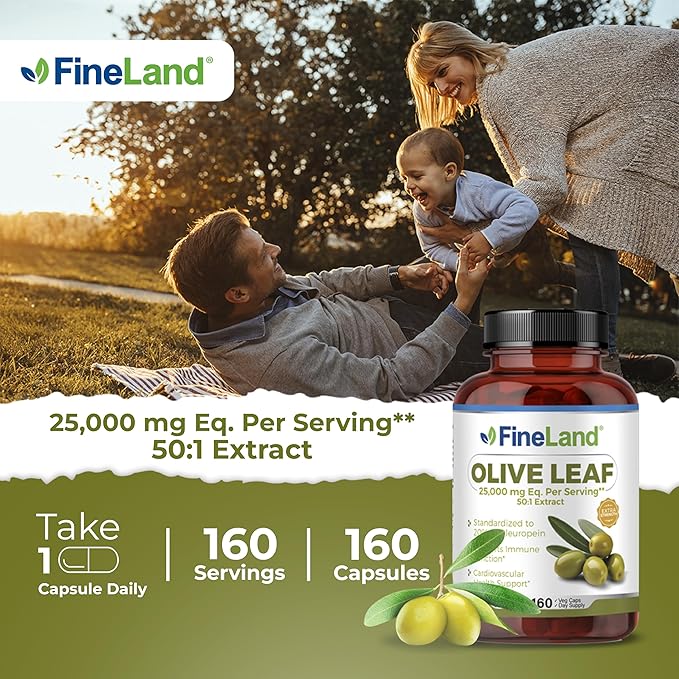 FineLand Olive Leaf Extract 50x – 25,000mg Eq. per Serving | 160 Vegan Caps, Olive Extract with 20% Oleuropein | Herbal Antioxidant Supplement for Circulatory and Immune Support, Made in USA
