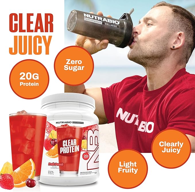 NutraBio Clear Protein Powder, Fruit Punch - 20 Servings, 20g Clear Whey Protein Isolate, 0 Sugar, 0g Lactose, Refreshing Fruit Flavors, GLP1 Support - Bone Health - Muscle Post Workout Recovery