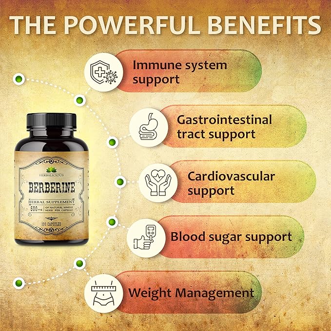 Berberine Supplement – 100 Capsules Berberine HCL Dietary Supplement for Men and Women – Non GMO Berberine 500mg – Ideal for Immune Support, Heart, Cholesterol Levels