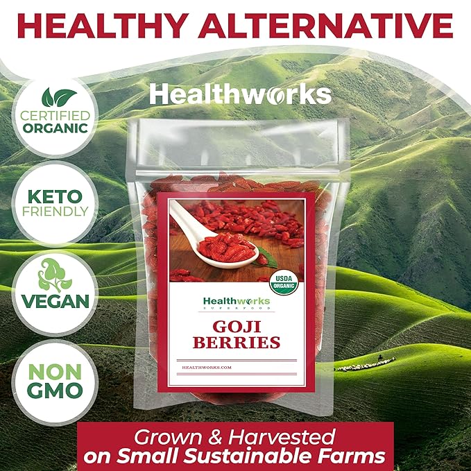 Healthworks Organic Dried Goji Berries - 32oz / 2lb - 1 Pack - Vegan and Non-GMO Certified Organic Raw Sun-Dried Goji Berries