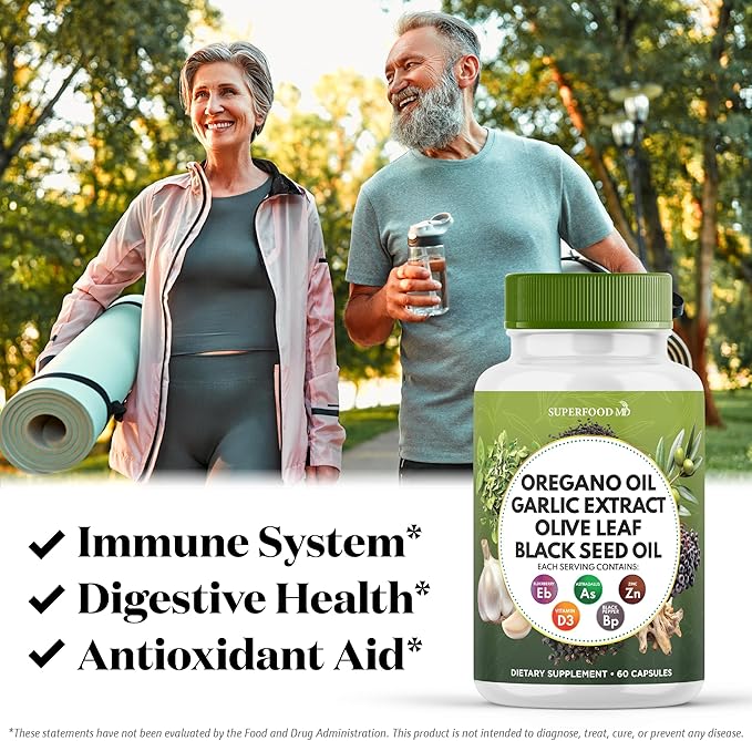 Superfood MD Oregano Oil Garlic Extract Olive Leaf Black Seed Oil Astragalus- for Women and Men- 60 Count
