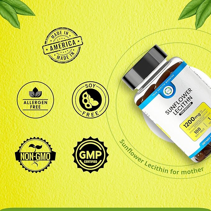 Sunflower Lecithin 1200 mg, Milk Flow, Soy-Free & Non-GMO Support for Breastfeeding Moms Unblocks Clogged Milk Ducts, Brain, Nerve & Liver Health, Phospholipid-Rich for Mother 100 Softgel