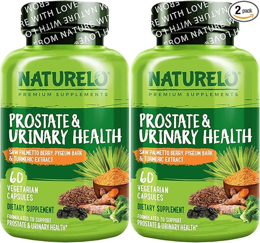 NATURELO Prostate & Urinary Health, Comprehensive Formula with Saw Palmetto, Pygeum, Tumeric, Plant Sterols, Broccoli and Lycopene, 60 Vegetarian Capsules (Pack of 2)