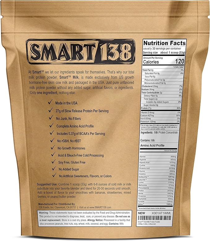 Total Milk Protein - 80% Casein 20% Whey - RBST/rBGH Hormone Free, Gluten-Free, Soy-Free, Non-GMO, USA, Keto Low Carb, Natural BCAAs (1000g / 2.2lbs, Unflavored)
