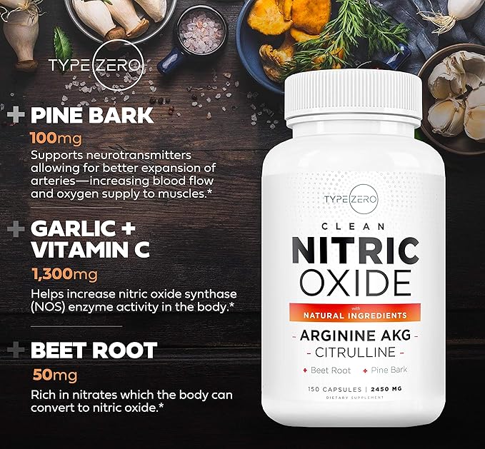 Type Zero Nitric Oxide 6X Booster, 150 Veggie Capsules - Natural Supplement - Beetroot, Arginine AKG, Citrulline, Pine Bark, Garlic & VIT C | Nitrous Oxide
