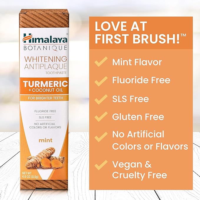 Himalaya Botanique Turmeric & Coconut Oil Whitening Antiplaque Herbal Toothpaste, Whitens Teeth, Fluoride Free, No Artificial Flavors, SLS Free, Vegan, Cruelty Free, Foaming, Mint Flavor, 4 Oz, 4 Pack