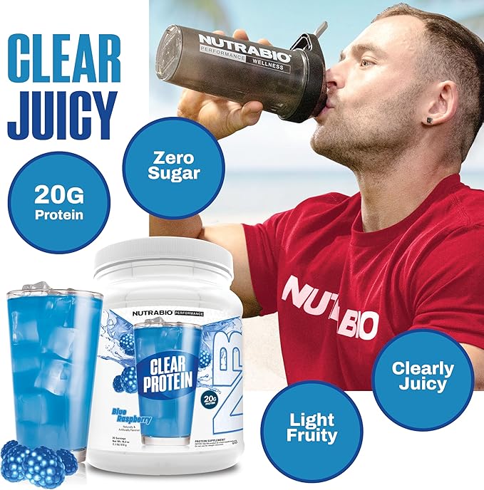 NutraBio Clear Protein Powder, Blue Raspberry - 20 Servings, 20g Clear Whey Protein Isolate, 0 Sugar, 0g Lactose, Refreshing Fruit Flavors, GLP1 Support - Bone Health - Muscle Post Workout Recovery