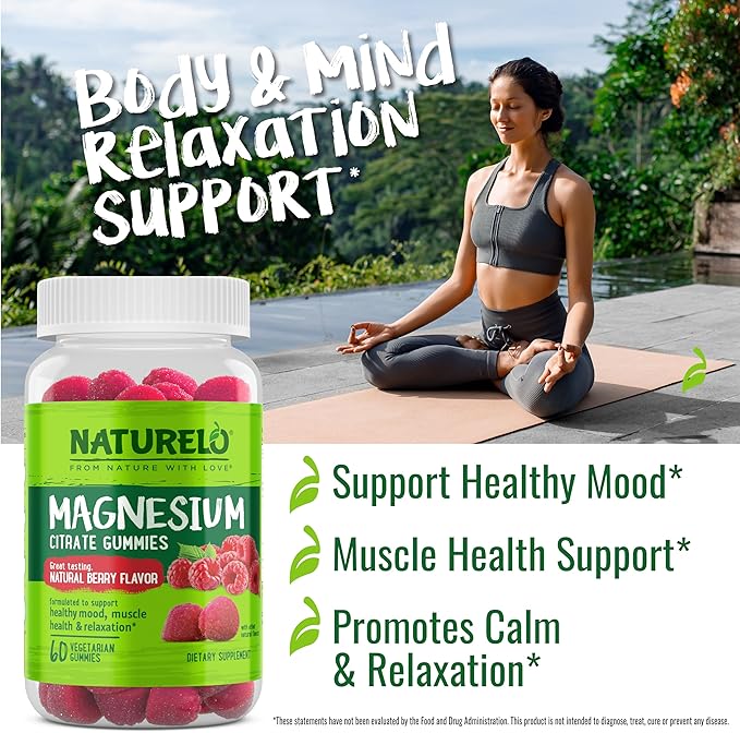 NATURELO Magnesium Citrate Gummies - for Calm & Relaxation Support, Natural Berry Magnesium Gummies, 60 Vegetarian Gummies (Pack of 2)