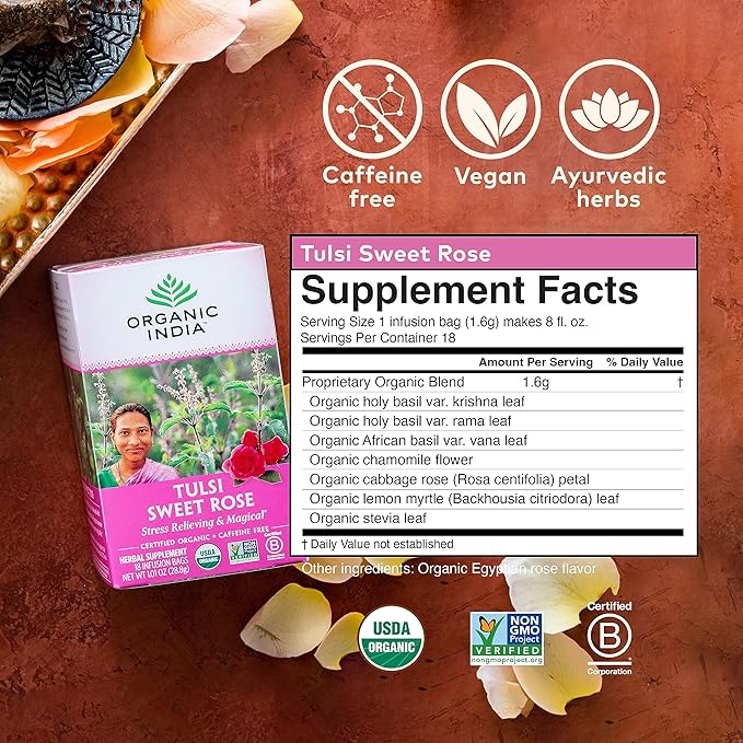 Organic India Tulsi Sweet Rose Herbal Tea - Stress Relieving & Magical, Immune Support, Adaptogen, Vegan, Gluten-Free, USDA Certified Organic, Non-GMO, Caffeine-Free - 18 Infusion Bags, 6 Pack